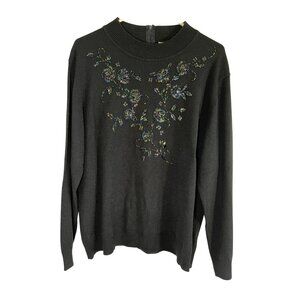 Retro Beaded Knit Sweater Black XL Floral Cottage Fairy Whimsical Classic Chic